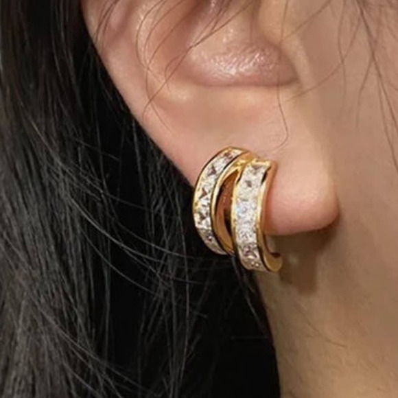 Double Stacked Huggie Hoop C Z Earrings S17 - Picture 1 of 4